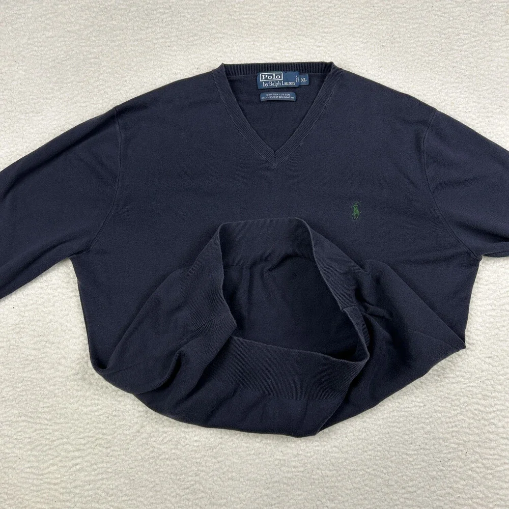 Polo Ralph Lauren Sweater Mens XL V-Neck Navy Blue Pima Cotton Knit Pullover